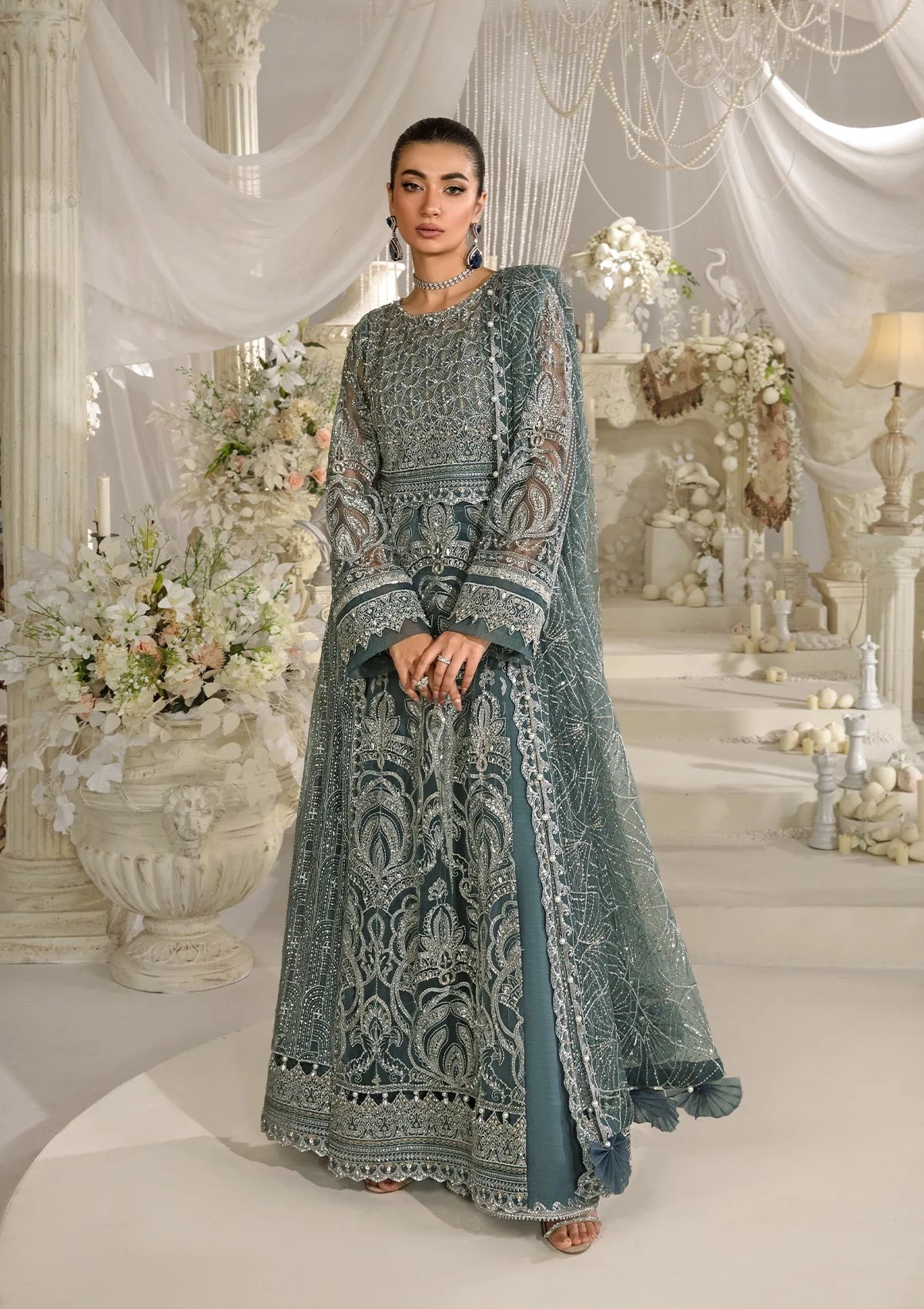NIRVANA Dark Grey luxury formal dress from ELAF Evara Collection with embroidered poly net front.