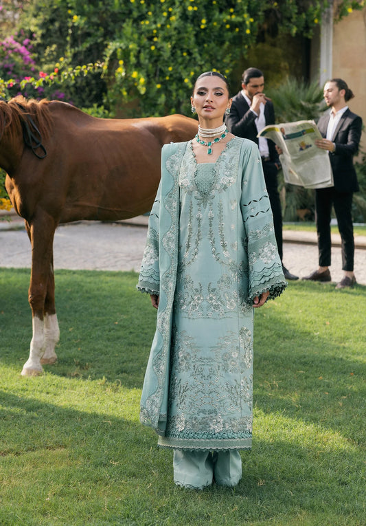 Woman in a light blue embroidered outfit standing in a grassy area with a horse and people in the background.