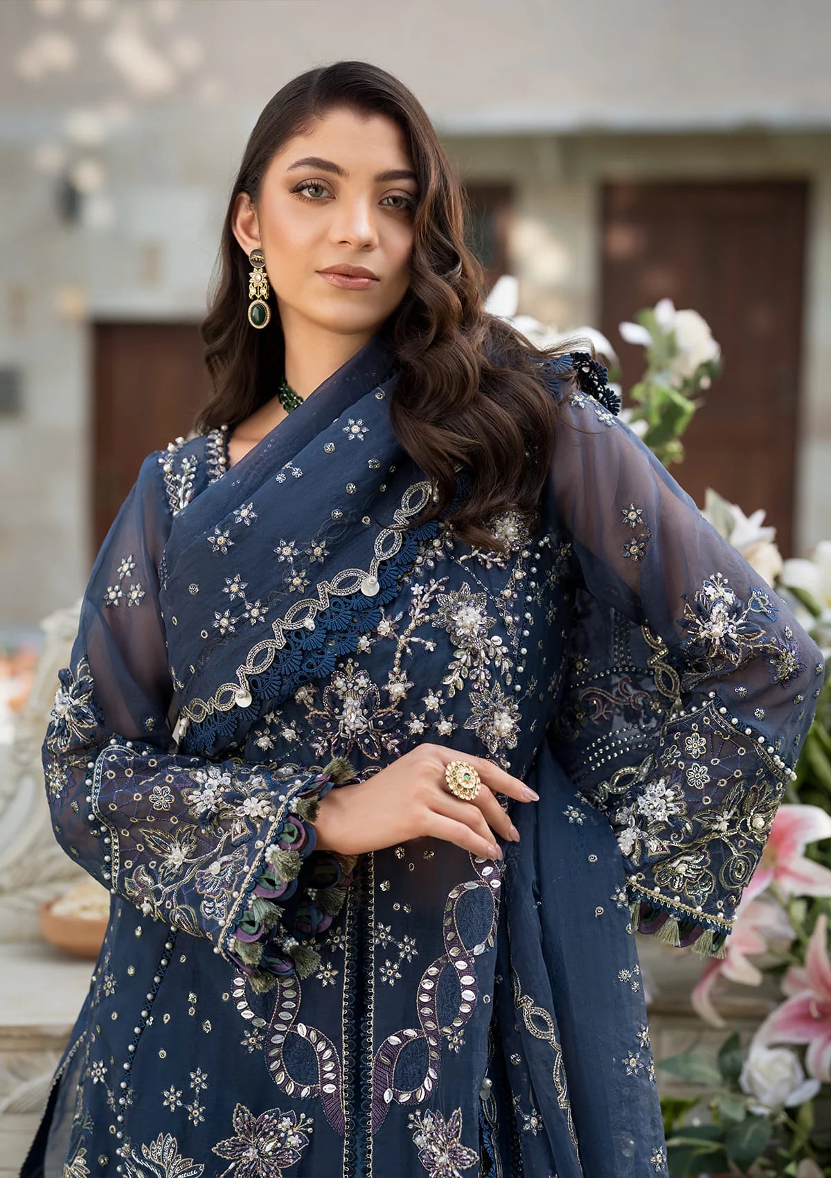 closup image of Embroidered Organza Hand Embellished Sleeves