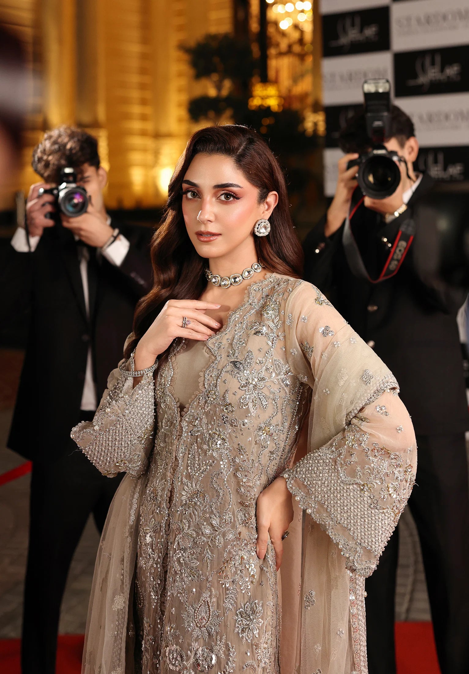 Close up image of STARDUST EMBROIDERED ORGANZA HAND EMBELLISHED FRONT.