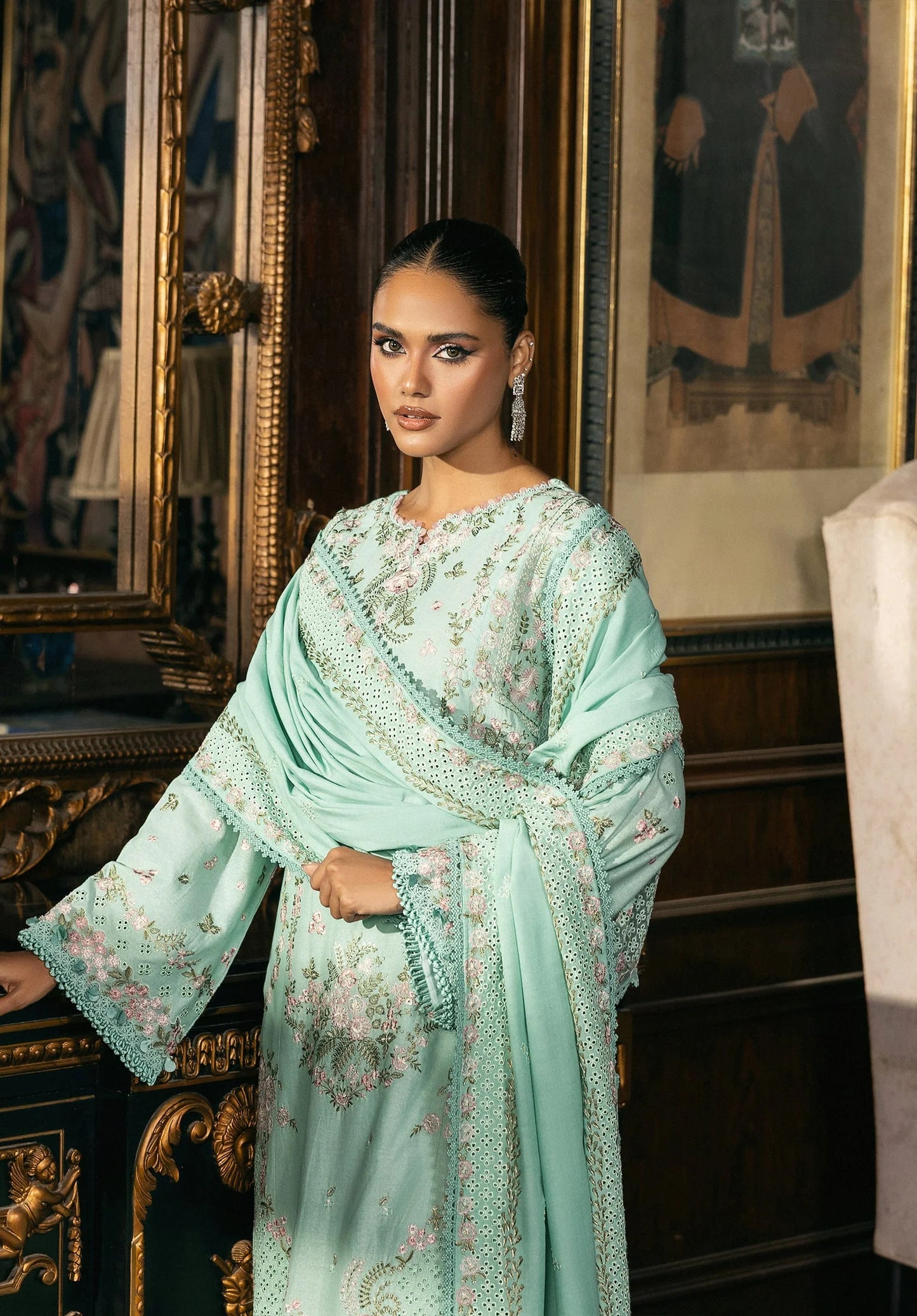 Close up image of FLORAZURE EMBROIDERED SHAWL. 