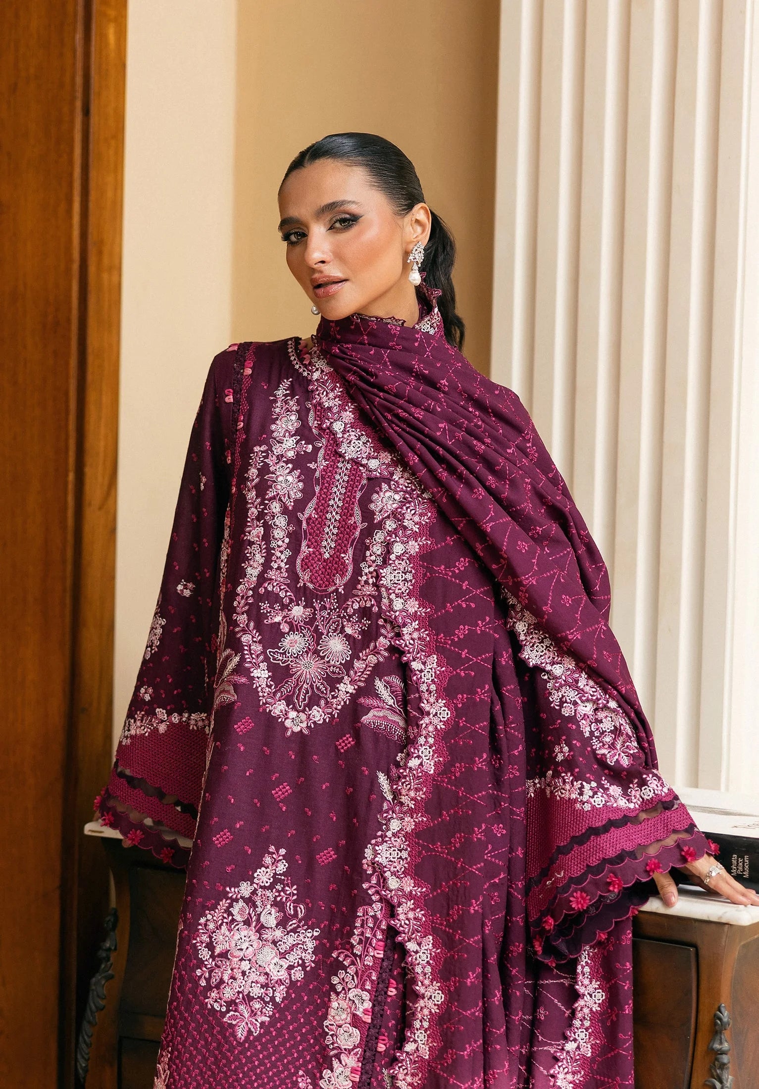 BERRYBLUSH with EMBROIDERED KARANDI PANEL with EMBROIDERED SHAWL from Elaf LUXURY WINTER '25