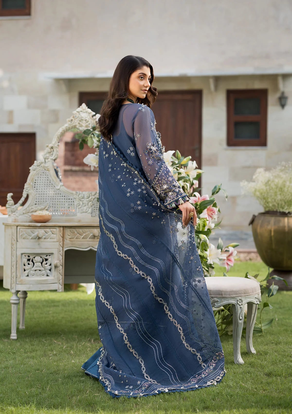 beautiful Embroidered Organza Back Yock in navy blue color.