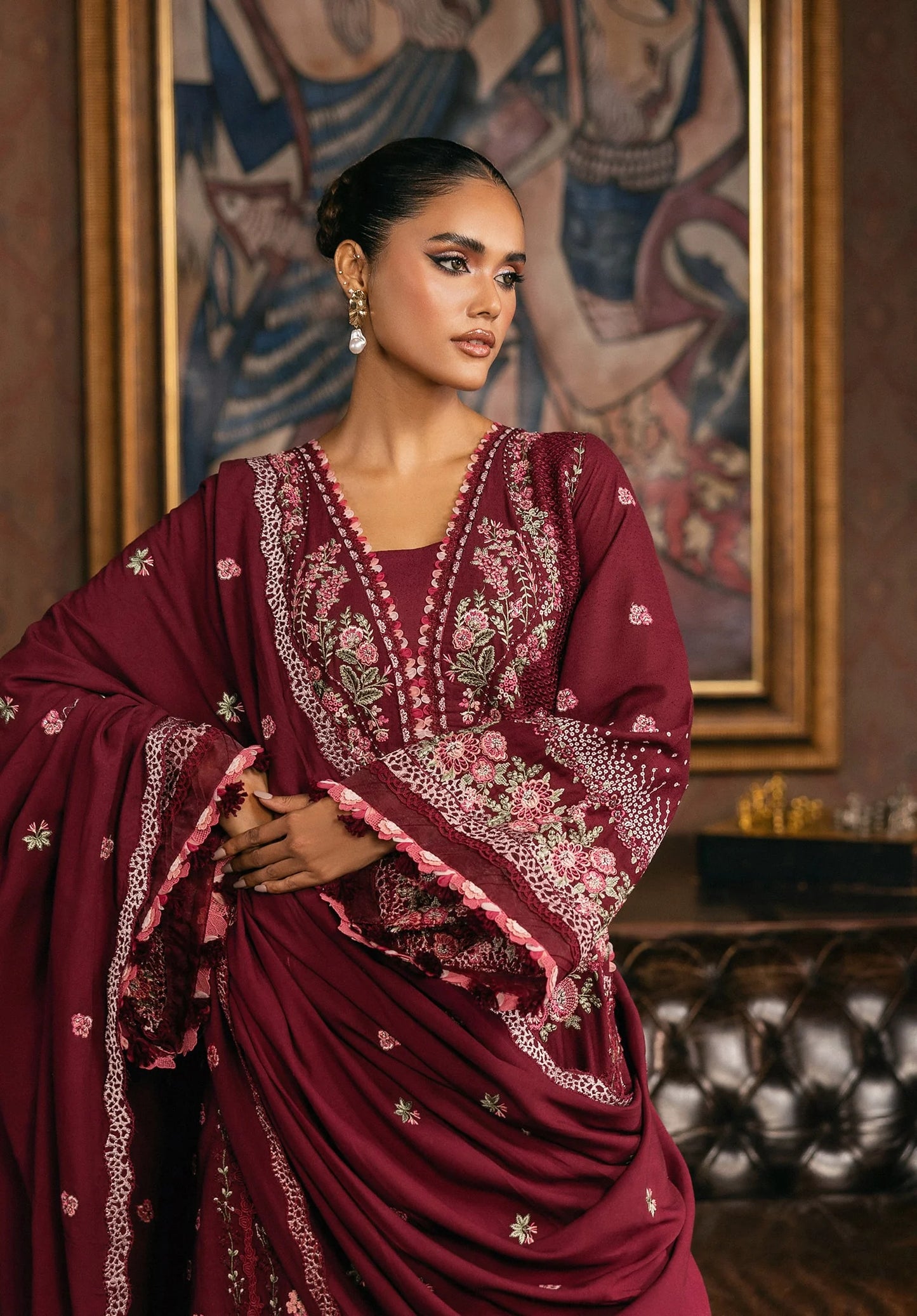 Elegant dress CRIMSONELLE in maroon color.