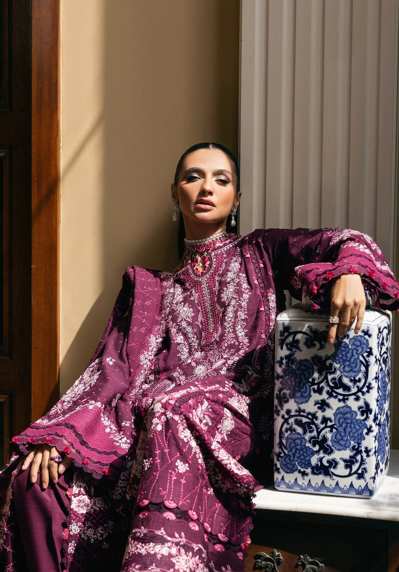 BERRYBLUSH with EMBROIDERED KARANDI PANEL with EMBROIDERED SHAWL from Elaf LUXURY WINTER '25