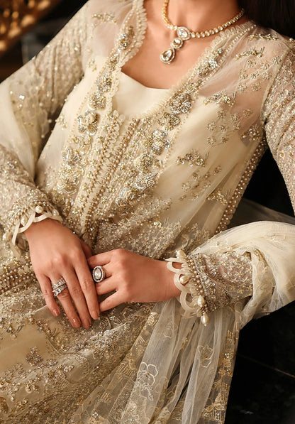 Close up image of  CELESTIA EMBROIDERED ORGANZA HAND EMBELLISHED FRONT PANEL showing Elaf Stardom Handwork.